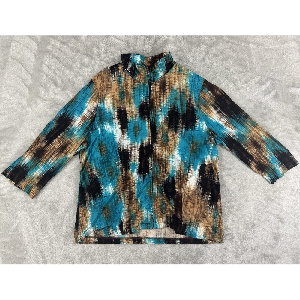 Laura Ashley Top Womens L Full Zip 3/4 Sleeve Artsy‎ Stretch Layering Blue Brown